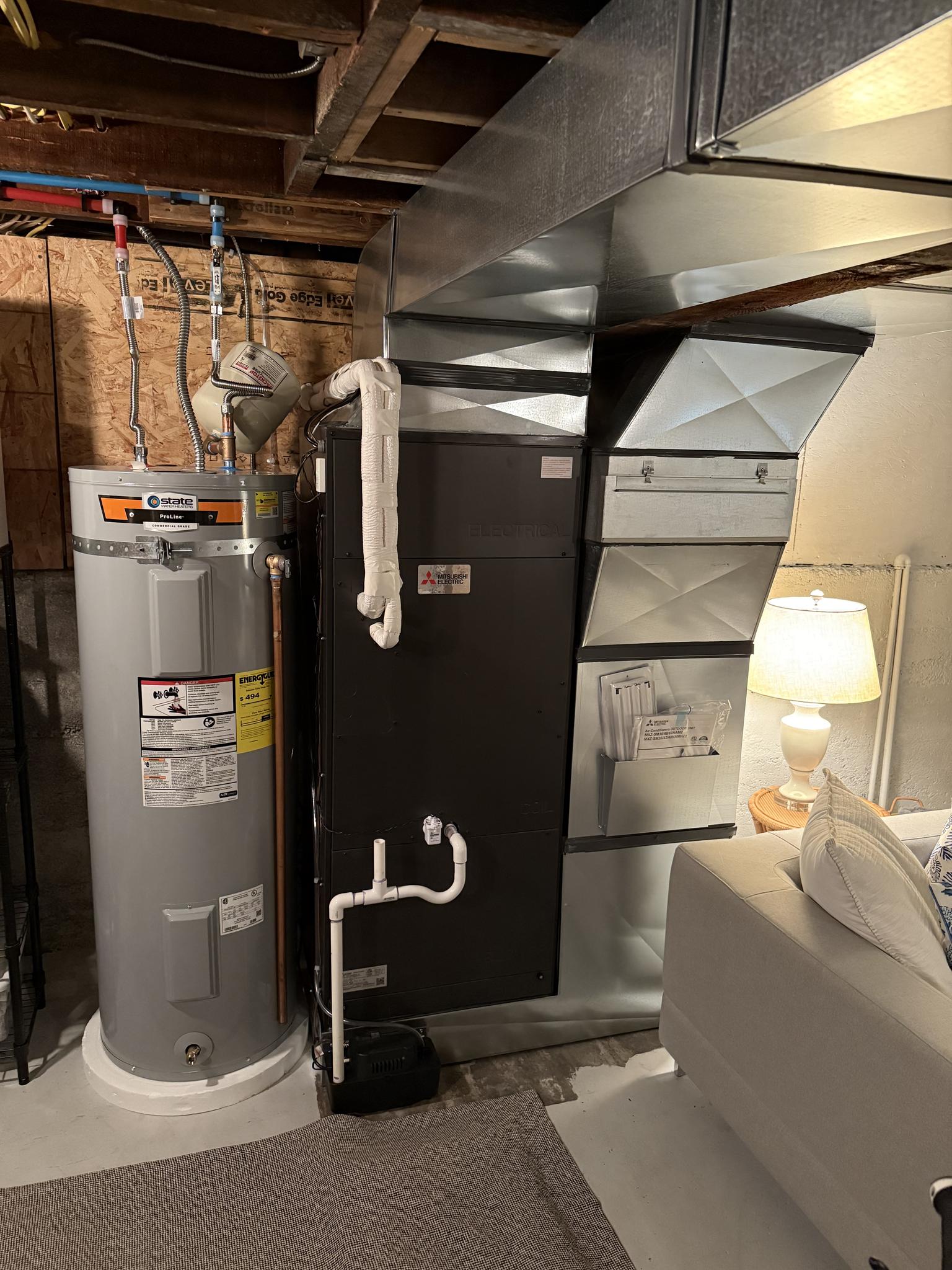 New heat pump, air handler, water heater, ductwork, and thermostat