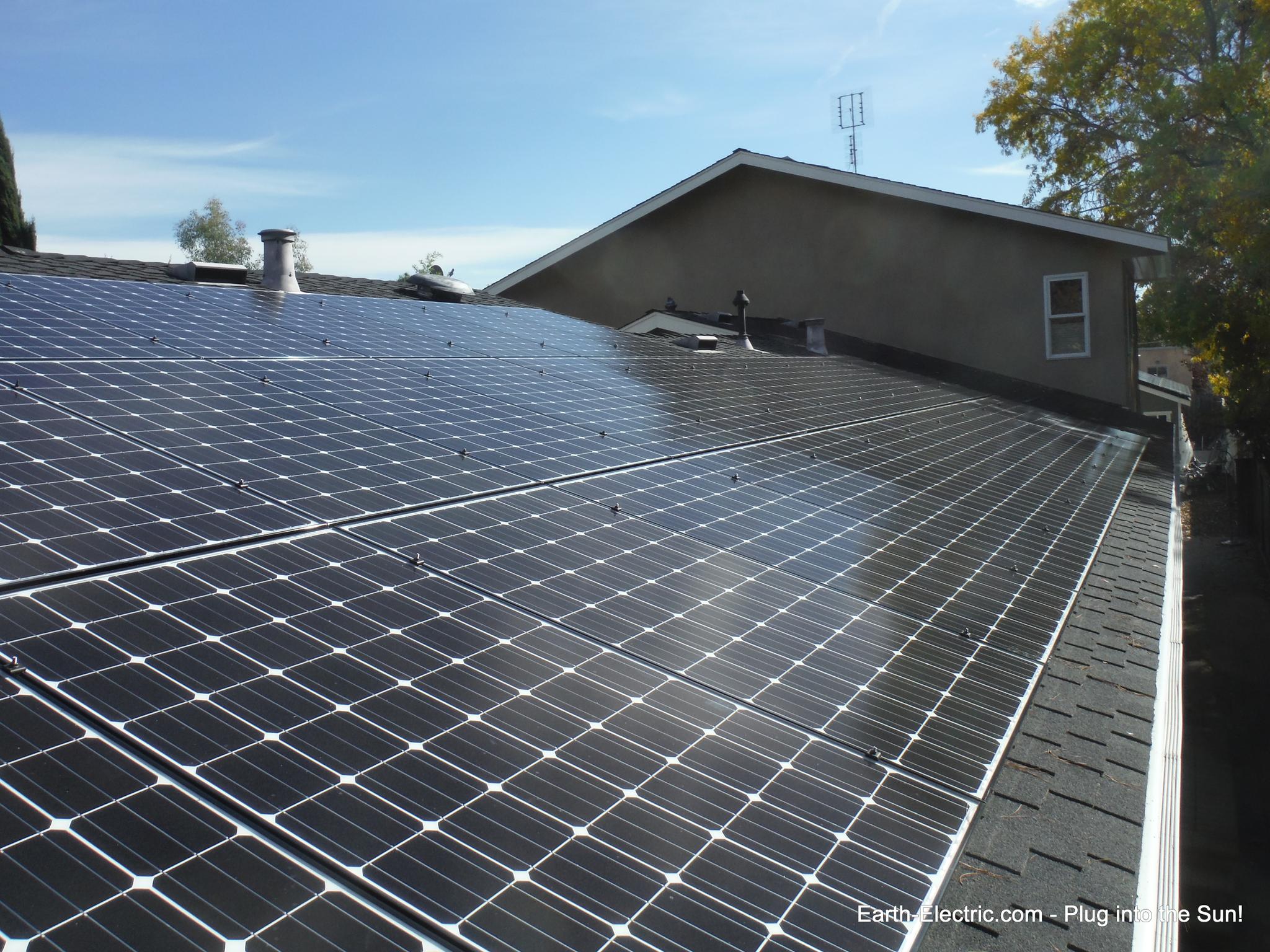 A blue sky, strong sunlight, and solar panels: the perfect combo for making your own electricity. -2014, San Jose, CA.  LG Electronics 275W solar panels. Enphase Energy M250 microinverters & Envoy Monitoring System.