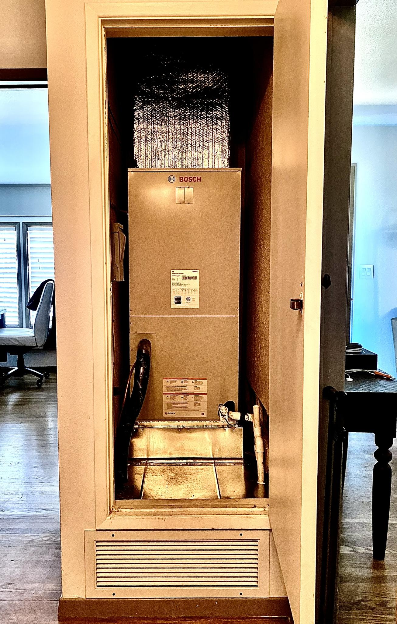 Example of expertly Installed Bosch High Efficiency  Heat-Pump Air handler.