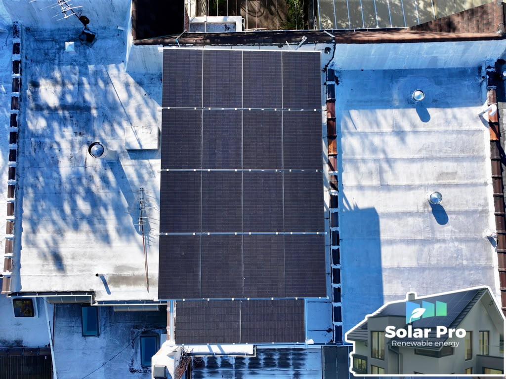 Aerial view of a completed residential solar array