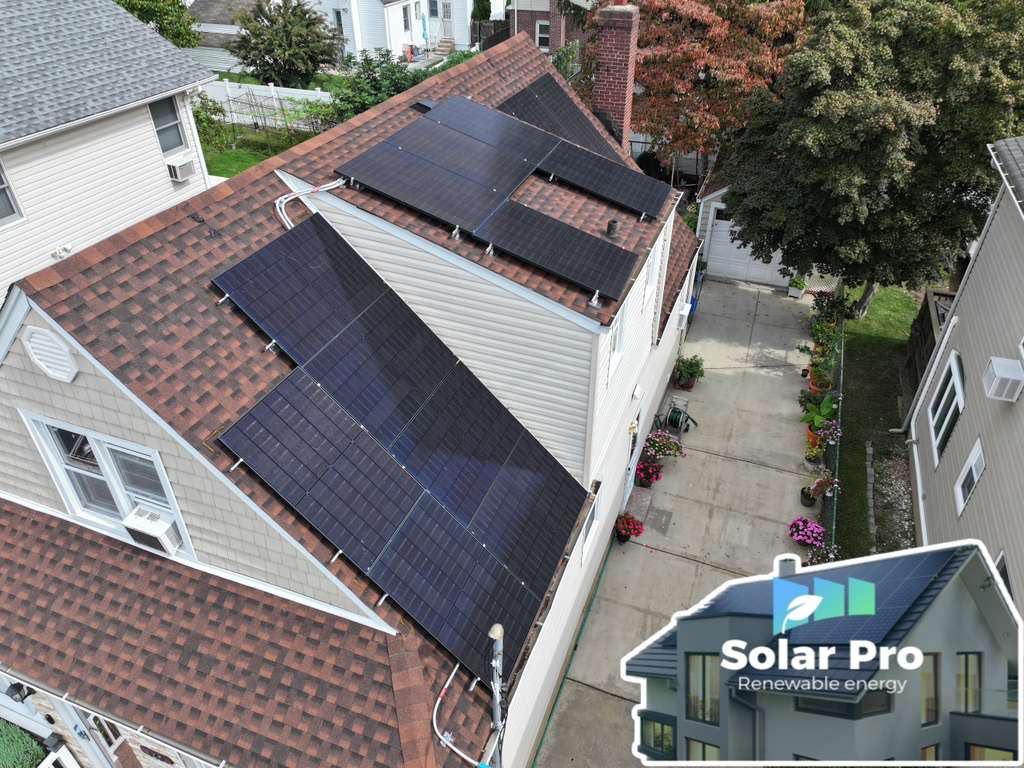 Aerial view of a completed rooftop solar installation