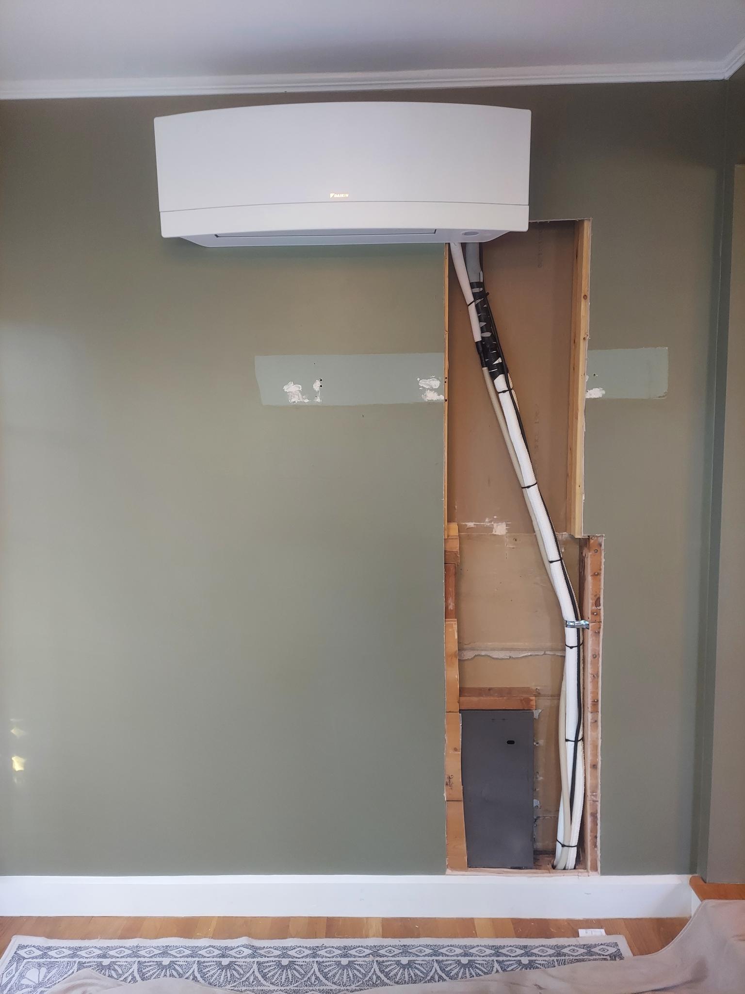 When an exterior wall is not an option, we will work with homeowners to make the desired location happen. This is a highwall unit we were able to mount on an interior wall to meet this homeowners ductless application needs.