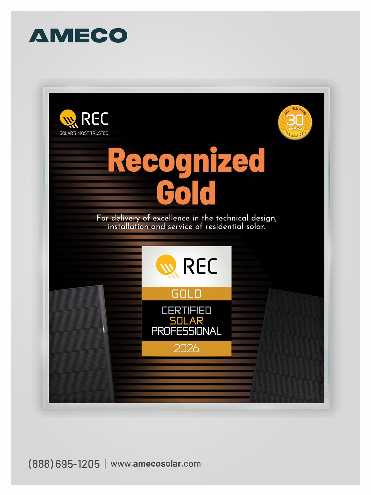 REC Gold Certified Solar Professional for 2026, alongside being named REC Installer of the Year two years in a row—reflecting our consistent standards in solar installation and service.