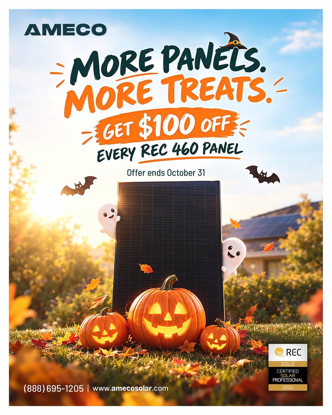 Get $100 OFF every REC 460 solar panel this October with AMECO Solar & Roofing. Ends October 31.
