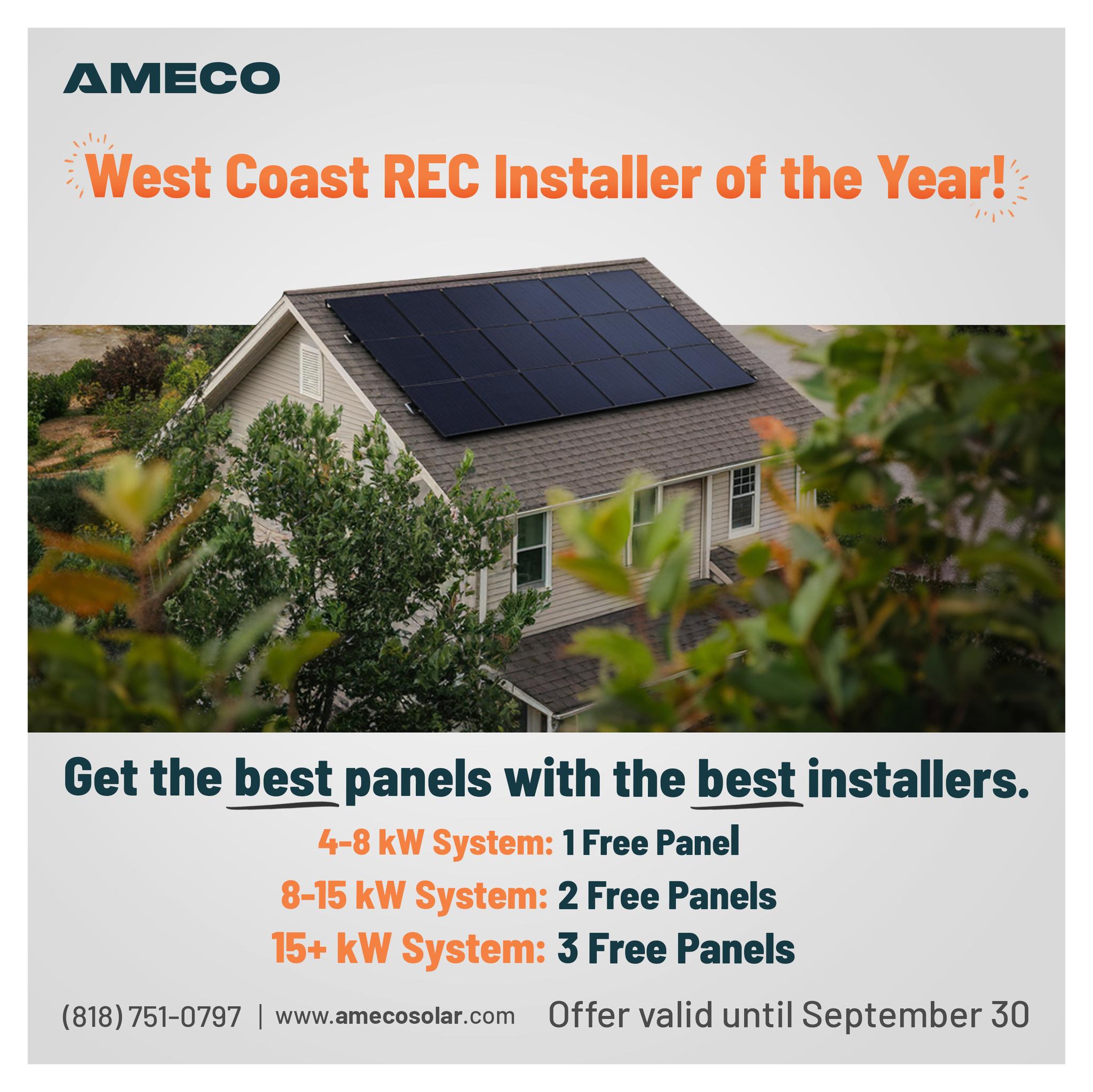 Upgrade to high-efficiency REC 460w panels and get up to 3 free panels.