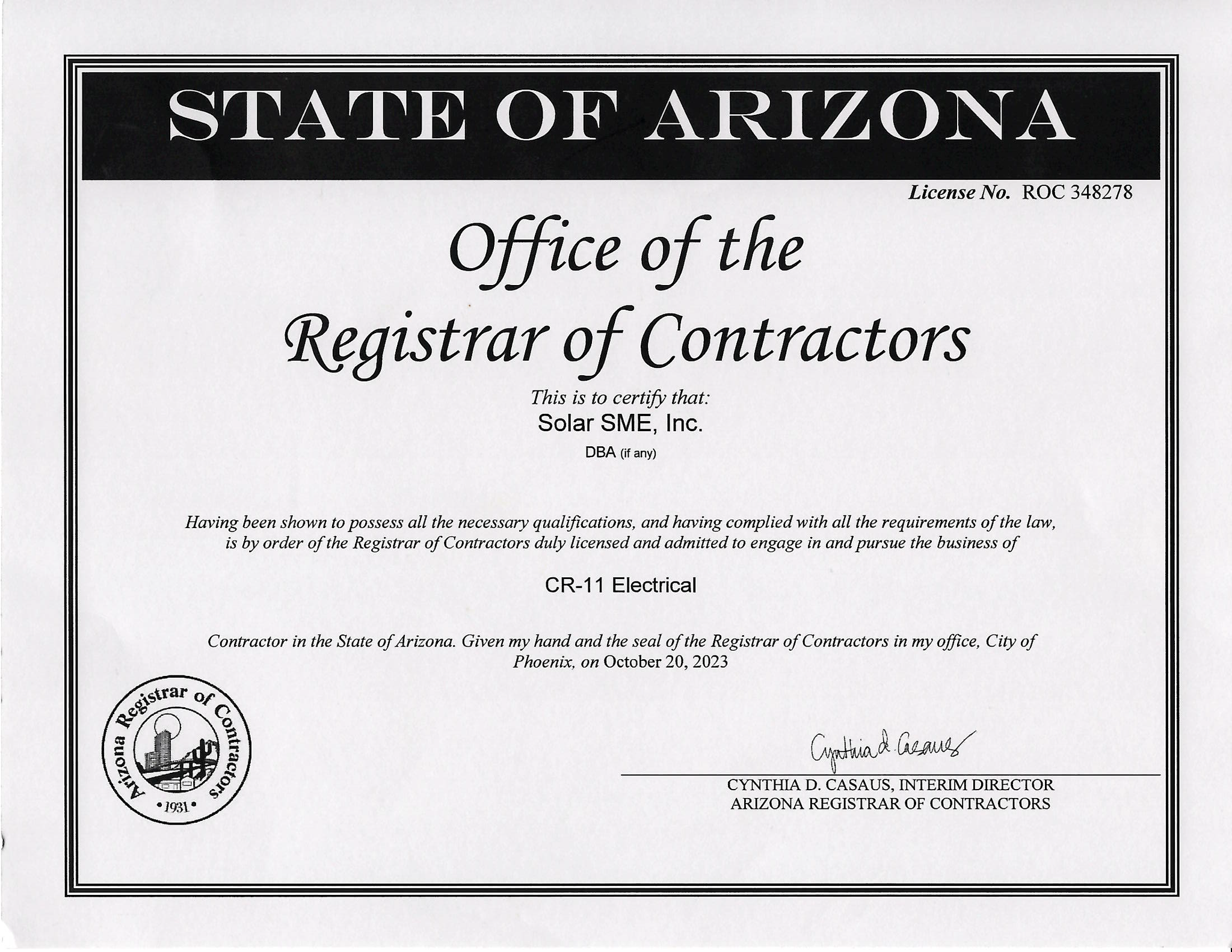 Arizona- Contractor License # ROC 348278