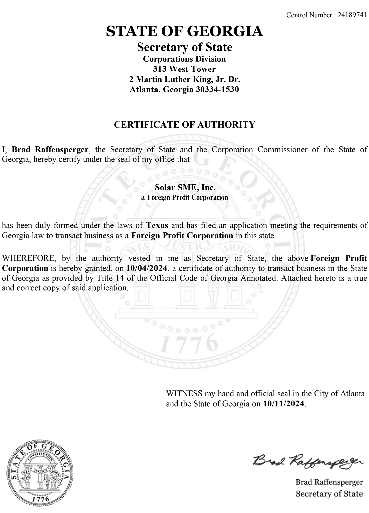 Georgia- Certificate of Authority # 24189741