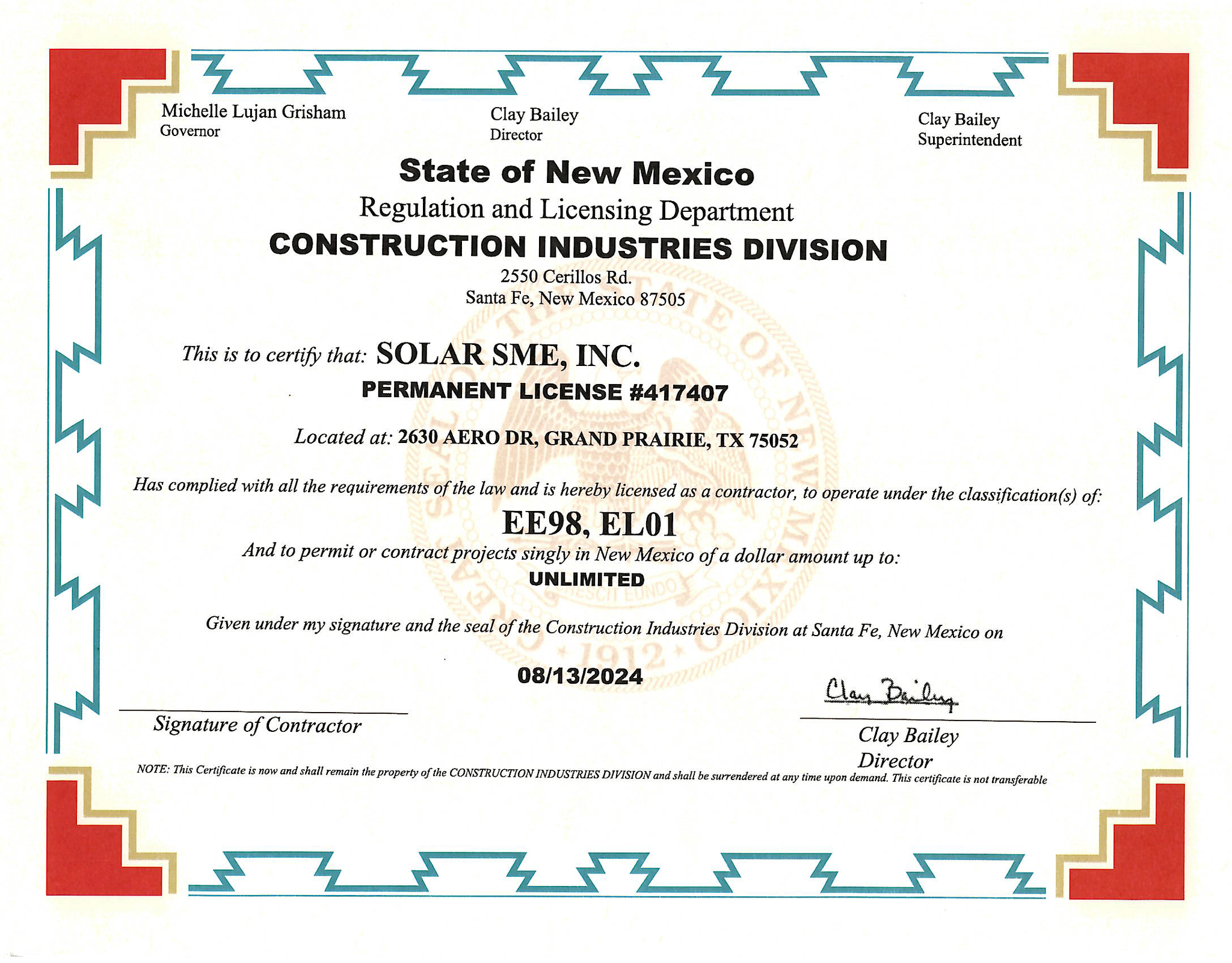 New Mexico - Contractor License # 417407