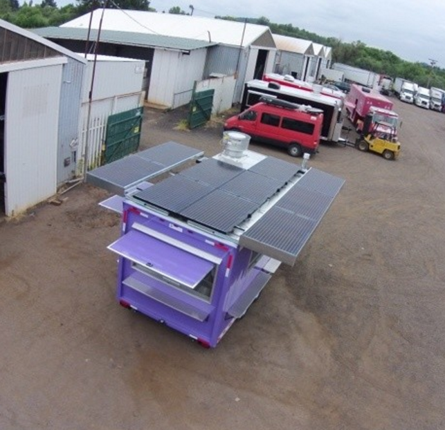 A custom 2.75kW system allowing the food cart to operate 100% off-grid. This food cart features energy-efficient appliances and a custom racking system that allows for more solar power and doubling as an awning!