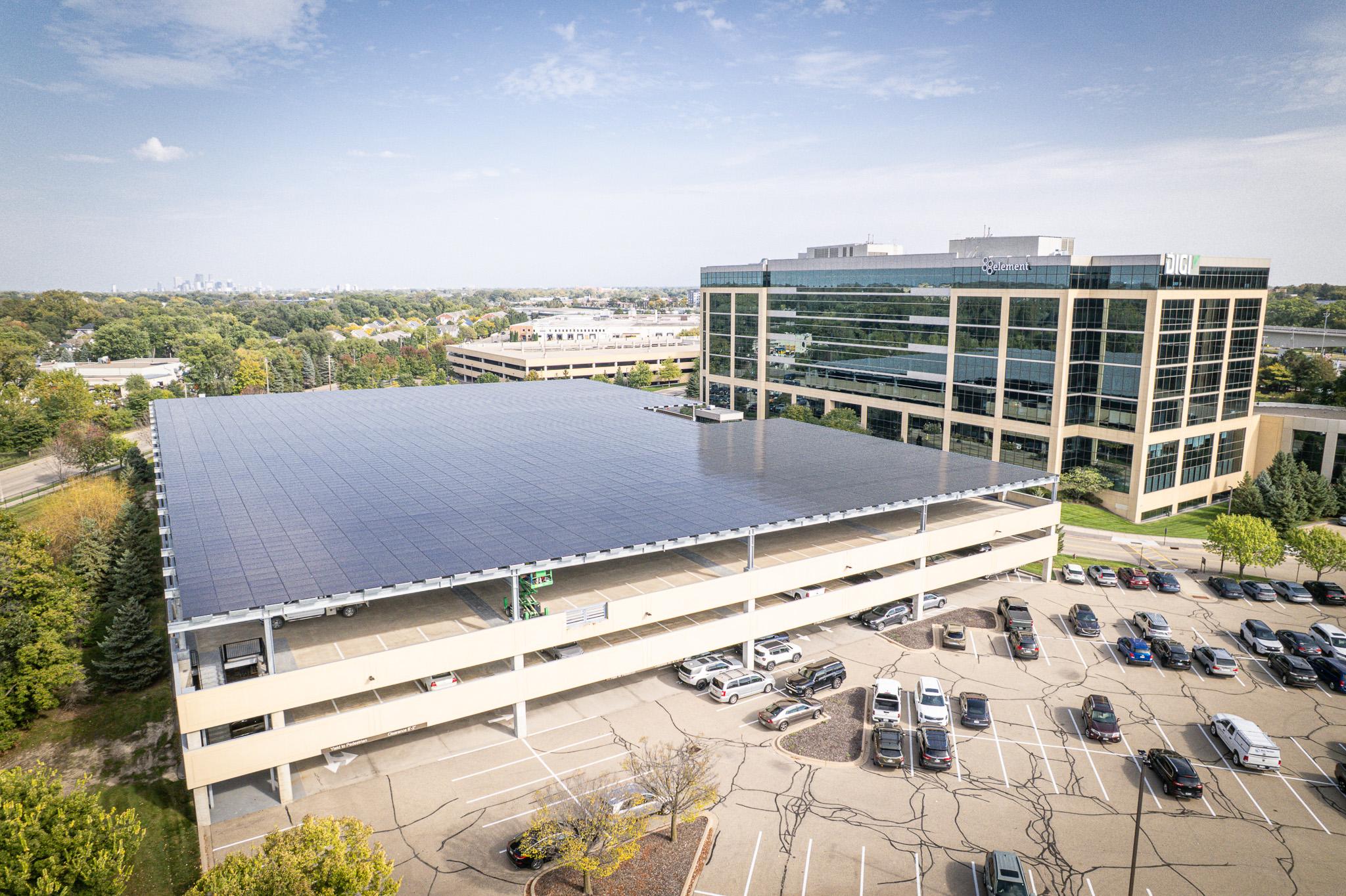 Solar Canopy over a Parking Garage, recognized as MnSEIA's Project of the Year, 2025.
